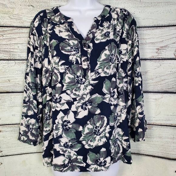 Fun2Fun 2X Navy Green White Floral Long Sleeve Button Blouse - Picture 1 of 8